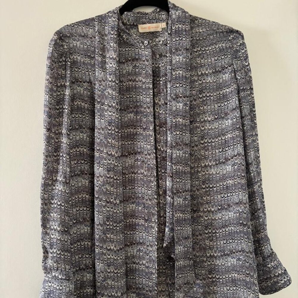 TORY BURCH -  Grey Marbled Print Silk Tie-Neck Blouse Sz 8